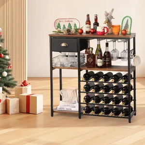 【Christmas Gift】Freestanding Floor Wood Wine Bar Rack Cabinet, Morden Wine Storage Shelf with Countertop, Coffee Bar with 20-Bottle Stackable Wine Glass Holder for Home Bar Kitchen Dining Room