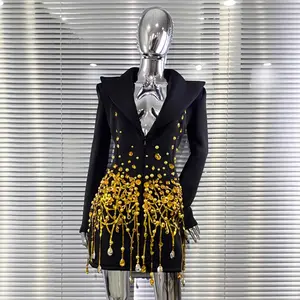 New Winter Dazzling Rhinestone Pearl Deep V Neck Suit Dress Fashion Woman Party Dress Stage Performance Costume