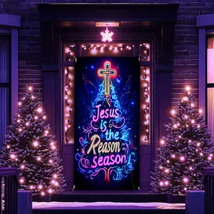 Luminous 'Jesus is the Reason' Christmas Door Banner - Vibrant neon holiday decoration, made of durable polyester material, no power required, perfect for indoor and outdoor festive display and Christmas decoration