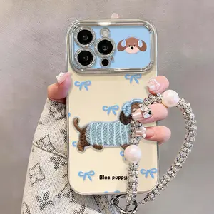 Cute Embroidered Dachshund Phone Case for iPhone 17 Pro Max/17 Pro/17 Air/17, Electroplated Silicone Shockproof Cover with Bling Wrist Strap, Blue Puppy Bowknot Design Protective Case for Women Girls