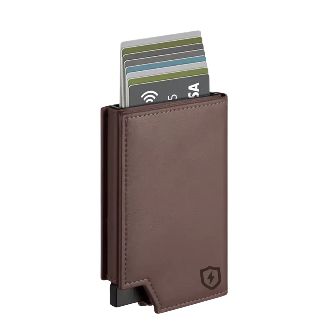 Rugged Wallet - Minimalist Design with RFID Blocking & Trigger Card Pop-Up Mechanism - Premium Leather & Aluminum - Compact Slim Wallet for Men