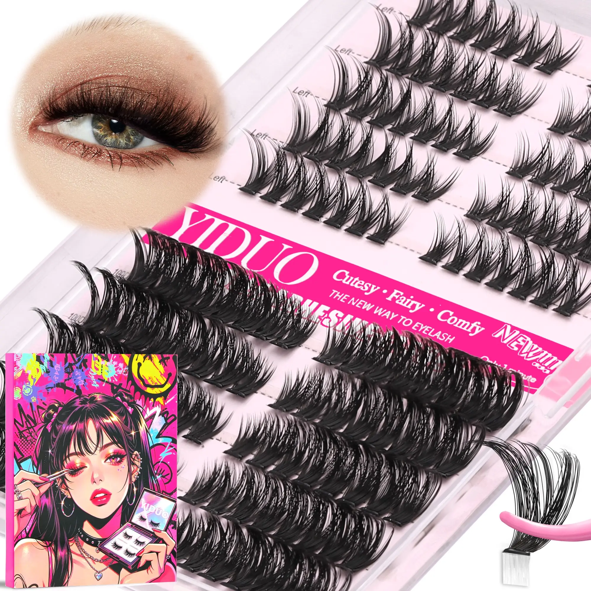 YIDUO 2 Styles Cat Eye Self-Adhesive Lash Clusters, Pre-Separated Left & Right, Daily Natural, Beginner Friendly & 100D Voluminous Look. C/D Curl Pre-Glued Cluster False Eyelashes, No Glue Needed, 1-Minute Quick DIY Eyelash Extensions Gift Pack
