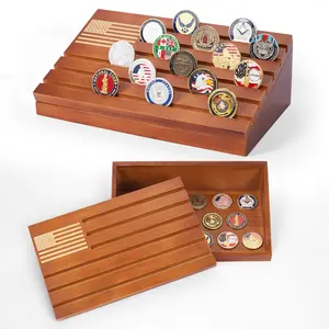 Brown Military Challenge Coin Display Case with Engraved American Flag