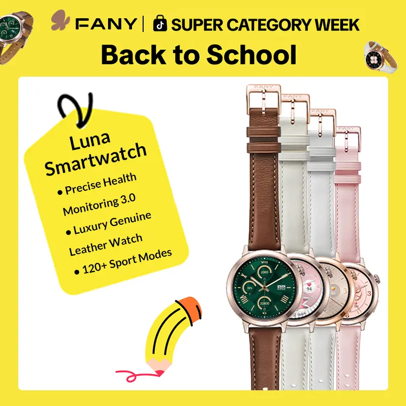 FANY Luna Women's Sports Tracking Smartwatch - AMOLED Display, 110+ Sport Modes, Heart Rate/Sleep/SpO2 Monitor, 7-Day Battery, Waterproof Fitness Smartwatch for Running, Leather Ultra-Sleek Lightweight Wearable with Free App tiktokshopsummersale sohochic