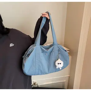 Multi-Color Nylon Travel Tote Bag with Keychain Charm - Large Capacity Shoulder Bag