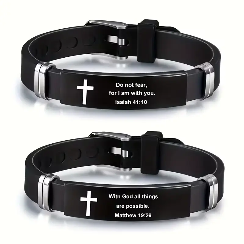 Stainless Steel and Silicone Adjustable Bracelet with Cross and Inspiration