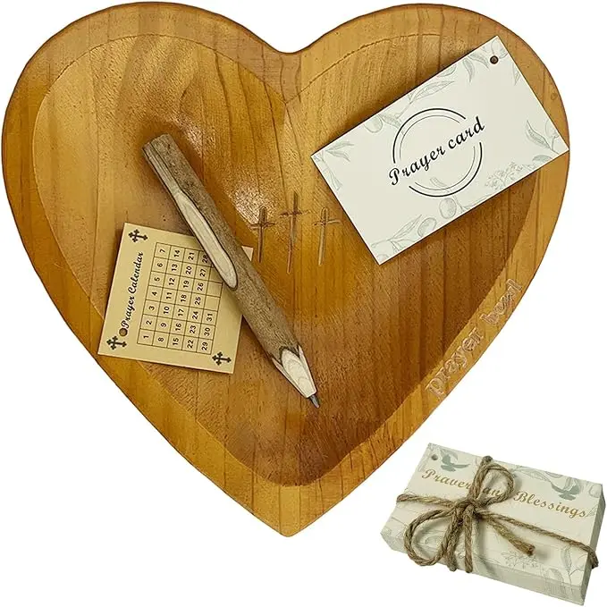 Handcrafted Vintage Wooden Heart-Shaped Prayer Bowl with 24 Prayer Cards, Cross & Letter Pattern｜New Year Gift, Valentine's Day Gift, Religious Decor for Home Living Room Bedroom Church, Christian Home Decor Ornaments