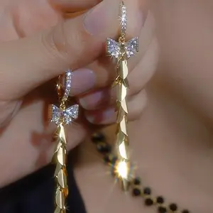 LisiZen Silver Pin Butterfly Zircon Long Tassel Drop Earrings, French Elegant Fashion Light Luxury Jewelry Accessory