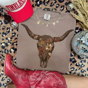 Comfort Colors Brushstroke Floral Western Cow Skull Printed Tshirt, Cowboy Graphics, Punchy Western Graphics, Flower Cowgirl Tshirt, Desert Western Art