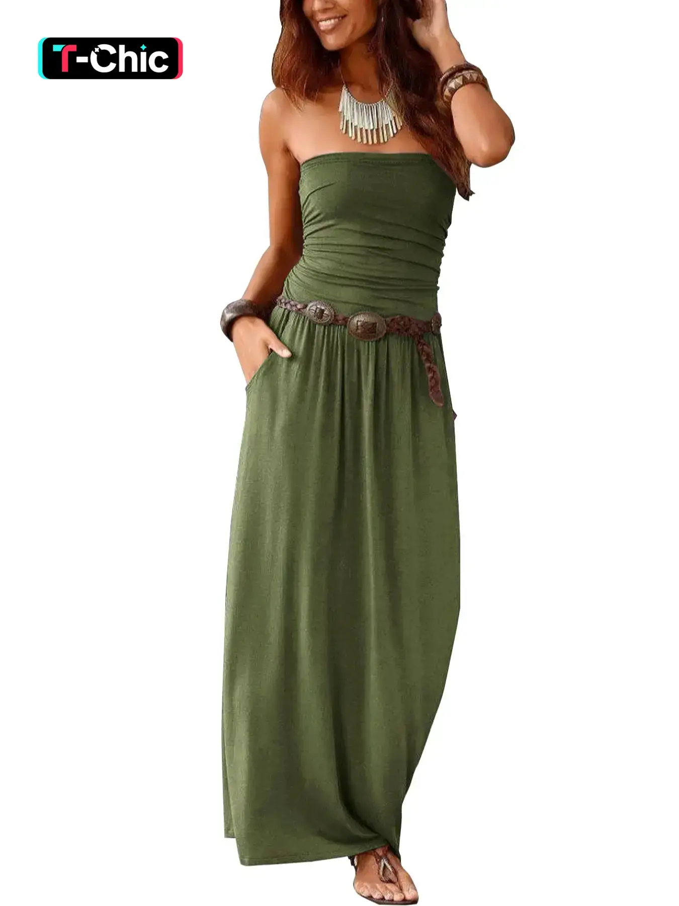 Women's Tube Dress, Casual Fashion Strapless Side Pocket Dress for Daily Outdoor Wear, Ladies Clothes for All Seasons, Elegant Fit Dress, Womenswear