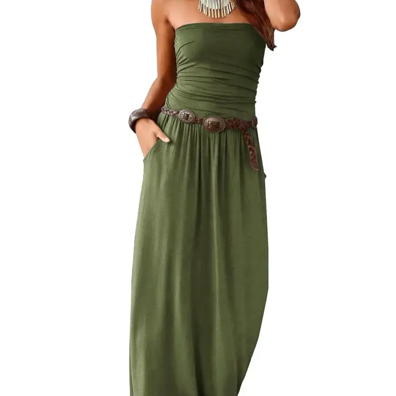 Women's Tube Dress, Casual Fashion Strapless Side Pocket Dress for Daily Outdoor Wear, Ladies Clothes for All Seasons, Elegant Fit Dress, Solid Sleeveless Dress, Womenswear