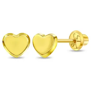 18k Gold Classic Polished Heart Baby / Toddler / Kids Earrings Safety Screw Back