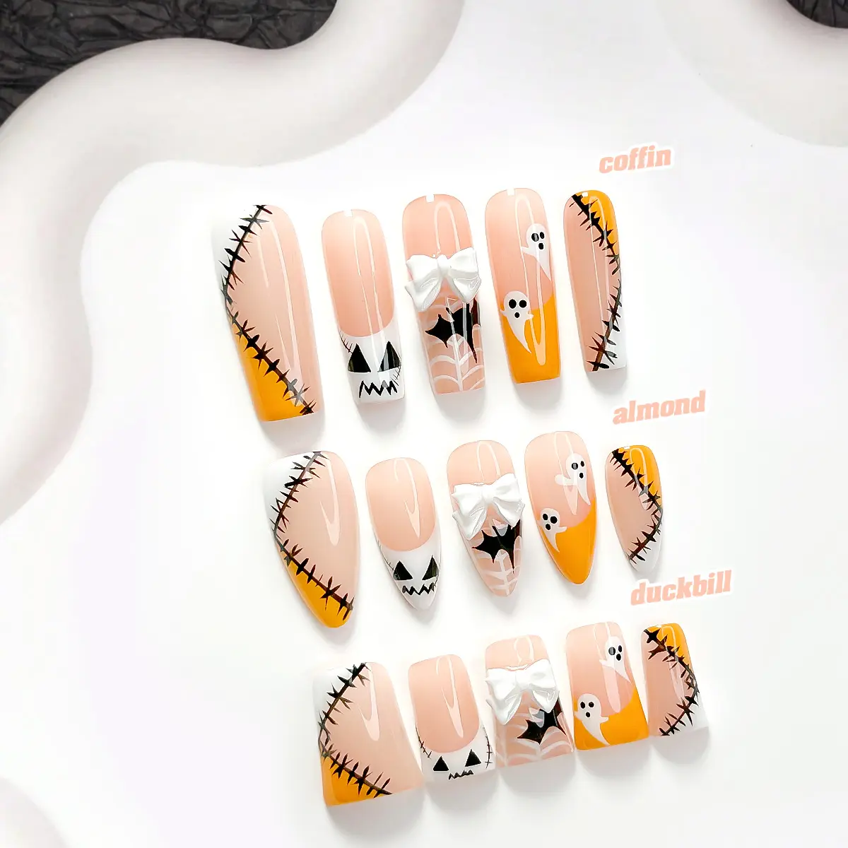 CuraTique Halloween Collection Stitch Ghost 10PCS Handmade Craft Pressed Ons - 3D Gel Reusable Wearable Nails, Light Luxury, Lovely Halloween Nails (2026)