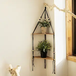 1pc Boho Wall Hanging Shelf with Beads for Plants, Corner Storage Shelf, Rustic Farmhouse Wall Decor, Hanging Plant Holder for Bedroom, Living Room, Office, Bathroom, Wooden Wall Shelf