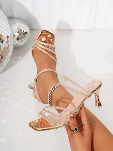 Water Drill Thin Strap Open Toe Square Head High Heel Sandals, Summer New Fashion High Heel Slippers for Petite Women