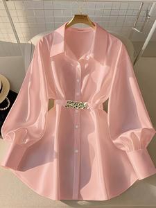 women's casual loose-fit shirt collar top, spring & fall fashion, single-breasted design, metal button decoration, belt included