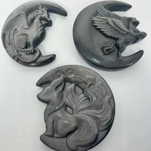 Silver Sheen Obsidian Moon Carving - Pick One: 9-Tailed Fox, Dragon or Pegasus - Unique Artistic Design