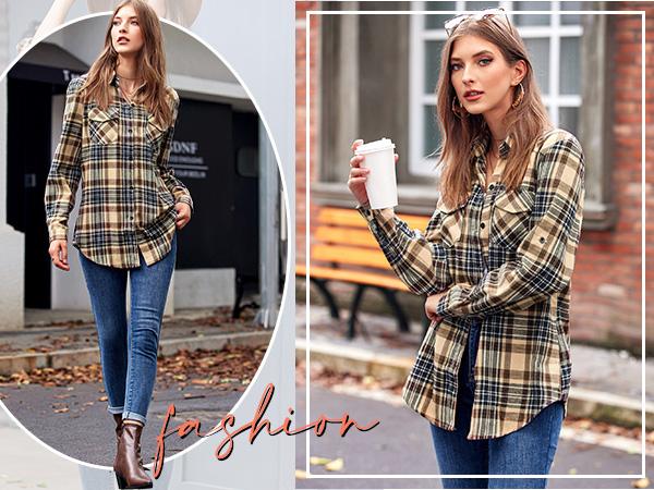 ZEAGOO Womens Flannel Shirts Long/Roll Up Sleeve Collared Button Down Plaid Shirt Casual Work Tops ZEAGOO Womens Flannel Shirts Long/Roll Up Sleeve Collared Button Down Plaid Shirt Casual Work Tops