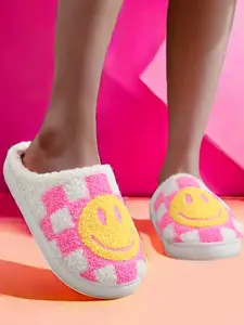 Colorblock Plaid & Smile Face Pattern Plush Slippers, Fashionable Home Slippers for Indoor Outdoor Wear, Fluffy Fall & Winter House Shoes for Women, Unique Gifts for Women, Footwear