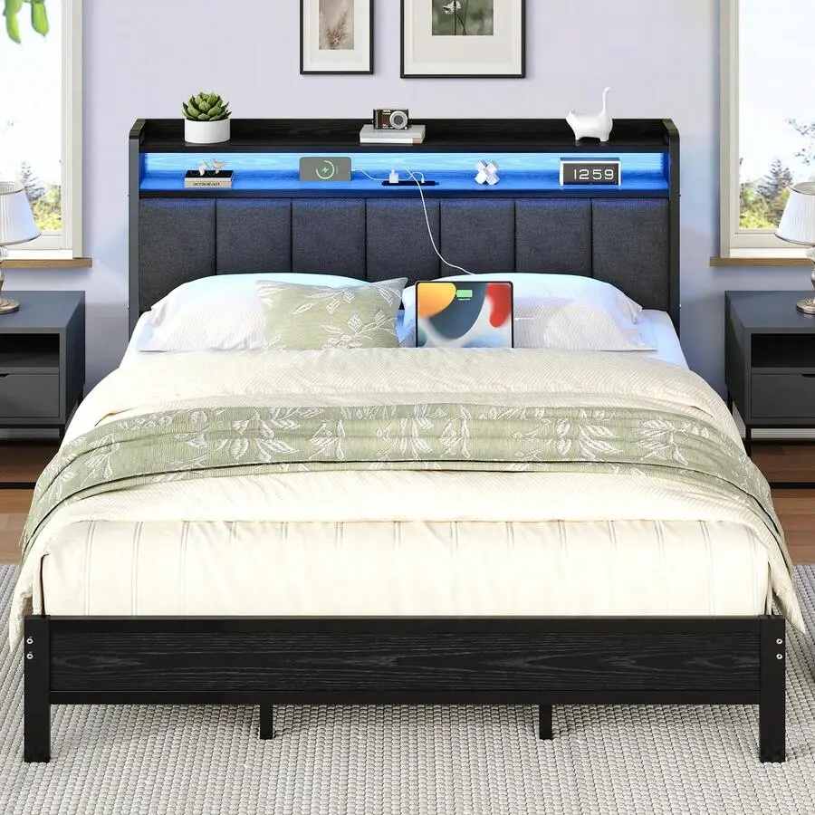 LED Bed Frame With Charging Station, Upholstered Platform Bed Frame With Storage Headboard, Modern Bed Frame With Heavy Duty Metal Slats Support, No Box Spring Needed, Easy Assembly, Black/ White/ Beige, Twin/ Full/ Queen/ King, Queen Bed Frame, Bed Frame