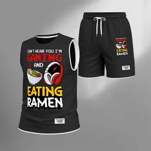 Men's Summer Basketball Set With "Can't Hear You I'm Gamingand Eatingramen" Print — Featuring A Sleeveless Tank Top Paired With Shorts, This Lightweight, Casual, And Street-Style Athletic Suit Is Perfect For Both Daily Wear And Vacationing