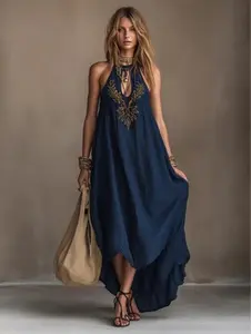 Women's Casual Boho Embroidered Maxi Swim Dress - Breathable Fabric Lady's Boho Outfits Casual Wear