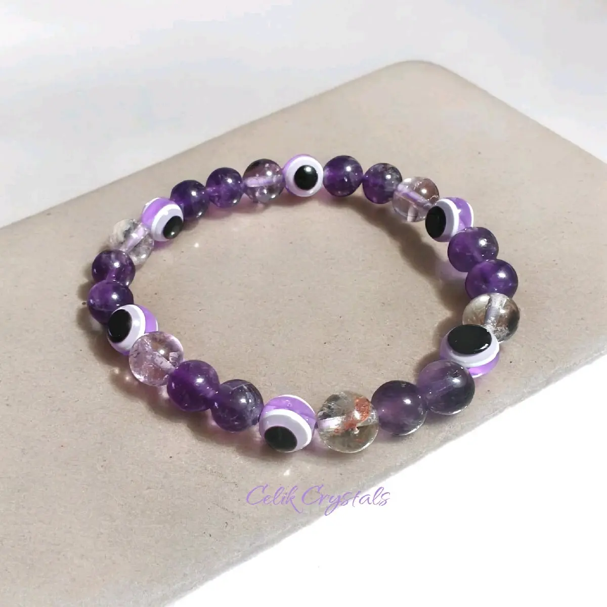 Natural Amethyst Evil Eye 8mm Purple Crystal Bead Bracelet for Women-Men, Spiritual Balance Jewelry Accessory with Stone, Crystals, Energy, Beaded, Lucky Bracelet Qualities, Stone Bracelets