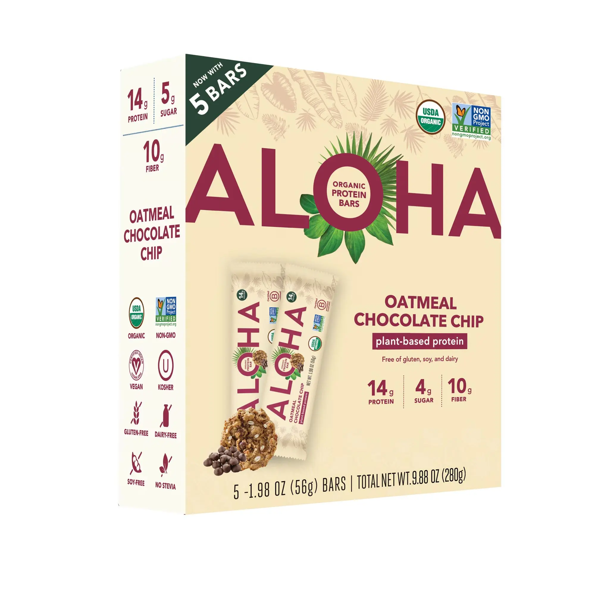 Aloha Plant-Based Protein Bars, 14g Protein, Chocolate Chip Cookie Dough, 5 Pack