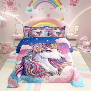 Rainbow Unicorn Comforter Set,Cute Cartoon Unicorn Bedding Comforter Sets,Pink Rainbow Star Rose Floral Quilt Comforter