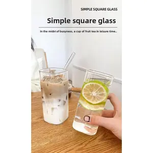 Clear Square Glass Cup with Lid and Straw - Simple Design Reusable Drinking Glass for Coffee, Latte, Milk, Breakfast, Portable Home Tumbler