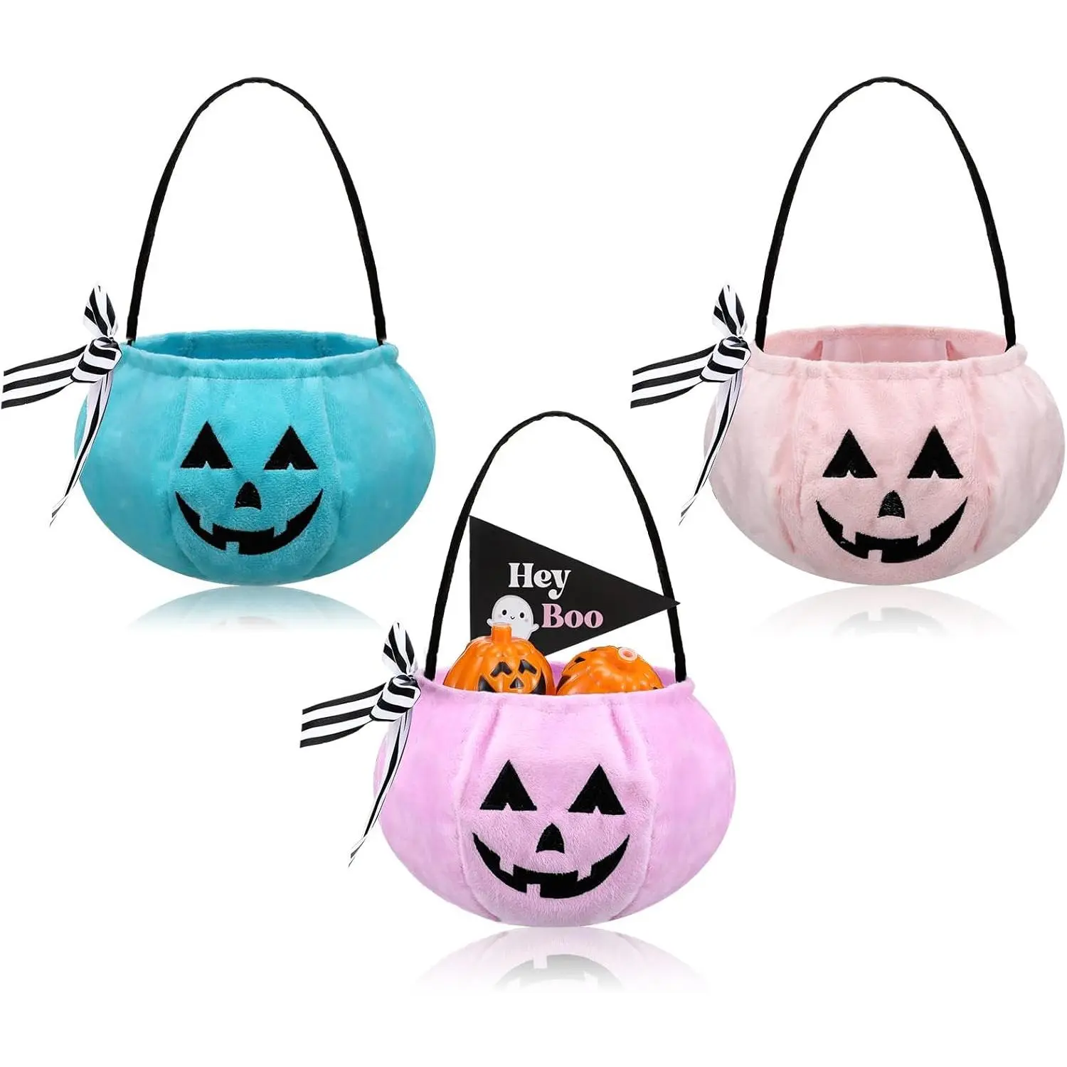 Plush Fabric Small Pastel Pink Halloween Pumpkin Baskets (3 Pcs, 7.9x5.12 in) - Reusable Soft Grip Handle Bags for Kids, Child Party Decor & Candy Storage Supplies