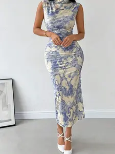 Watercolor Floral Print Knitted Midi Dress with Side Slit - Elegant Spring Break Holiday Wear