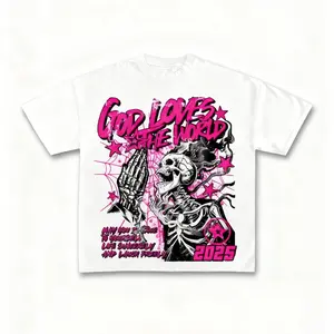Men's God Loves The World Skull Graphic Cotton T-Shirt Streetwear Tee for Men Short Sleeve Round Neck Summer Top Clothes y2k graphic tee
