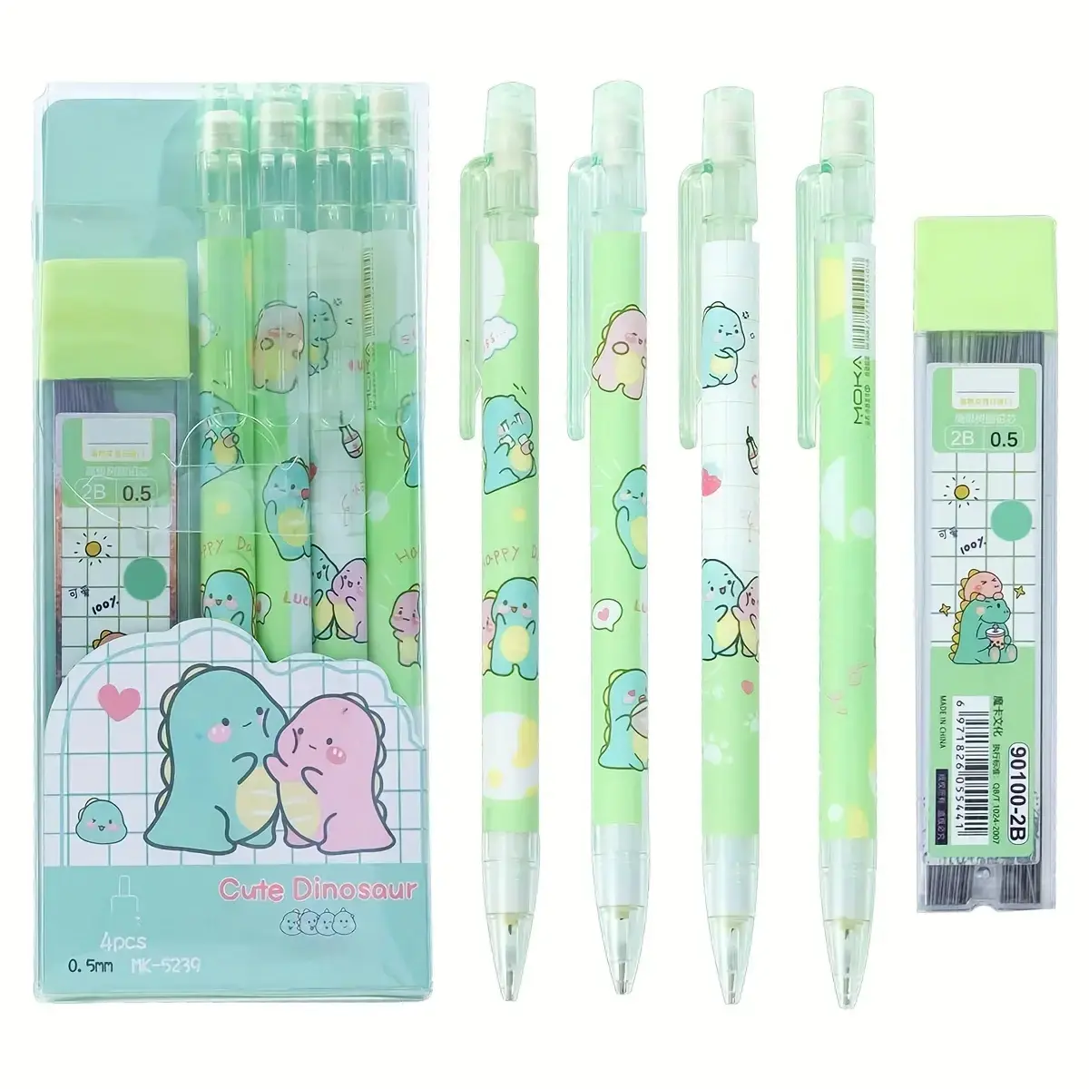 Cute Dinosaur Heart Design Cool Pencils Set, 4-Pack 0.5mm Automatic Pencils, Durable Plastic School Office Supplies, No Batteries Needed