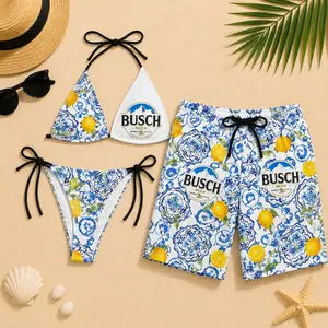 Busch Beer Lemon Print Bikini Set with Matching Swim Trunks for Couples, Triangle Tie Side Swimsuit, Beach Vacation Swimwear, Summer Pool Party Outfit