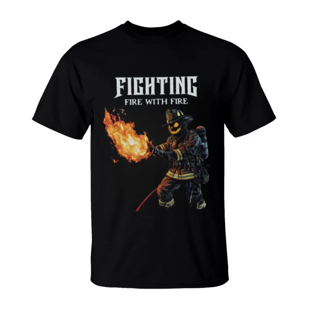 Fighting Fire With Fire Halloween T-Shirt, Spooky Pumpkin Firefighter with Flamethrower Graphic Tee, Funny Scary Fire Dept Shirt for Firefighter Fans & Halloween Costume Outfit