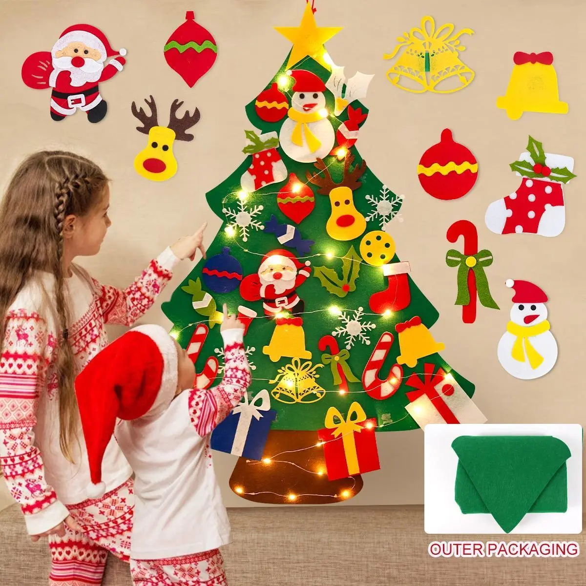 DIY Felt Christmas Tree Kit - 3.28ft Foldable LED-Lighted Irregular Non-Toxic Reusable, with 32 Detachable Ornaments, Sticky Pads Included, Festive Wall Decoration for Home Door Kid Room, Ideal for Holiday Gifting & Store Displays