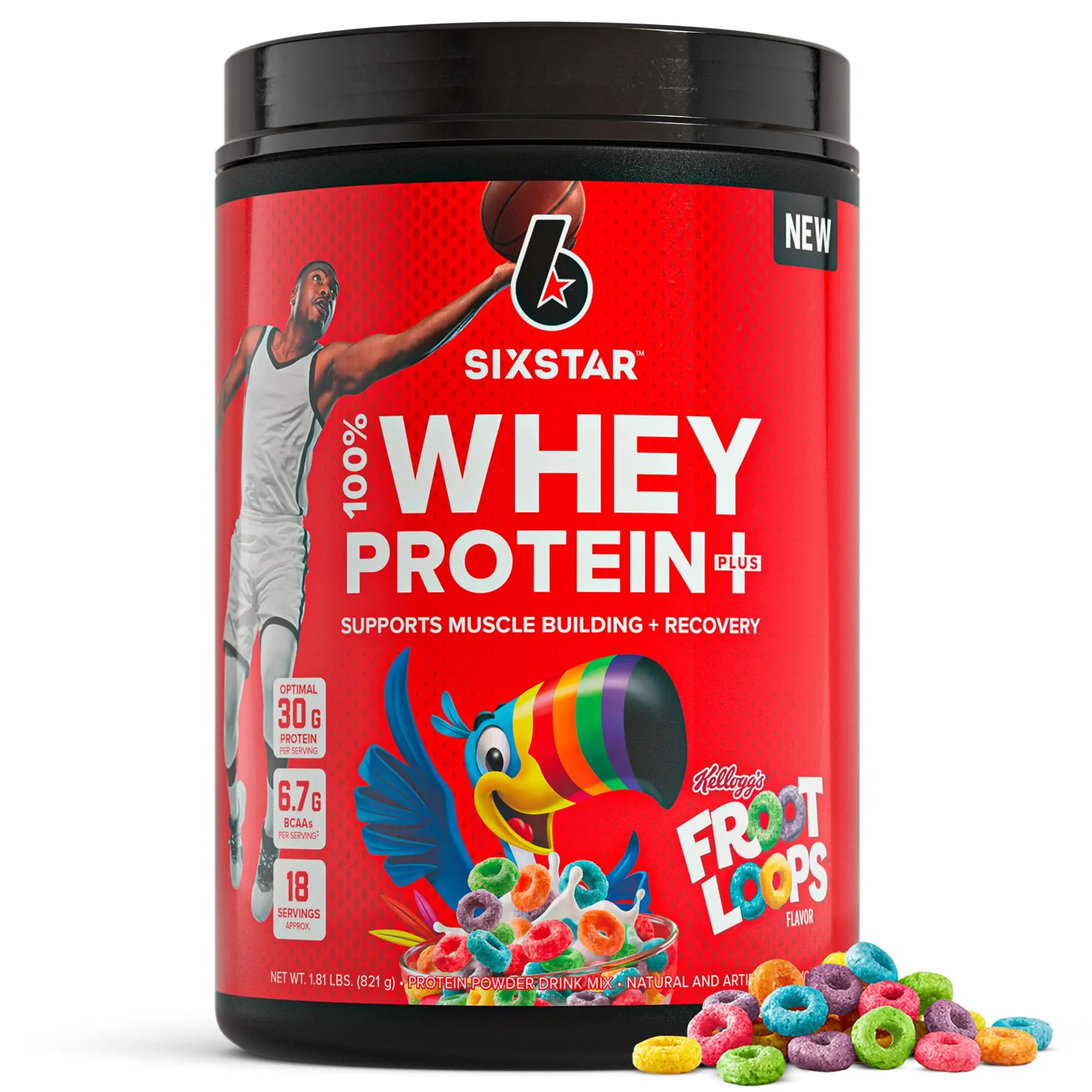 (A)Six Star Whey Protein Powder Plus – Muscle Building & Recovery Formula with Whey Isolate, BCAAs, 30g Protein, Immune Support, Froot Loops Flavor, 1.8 lbs