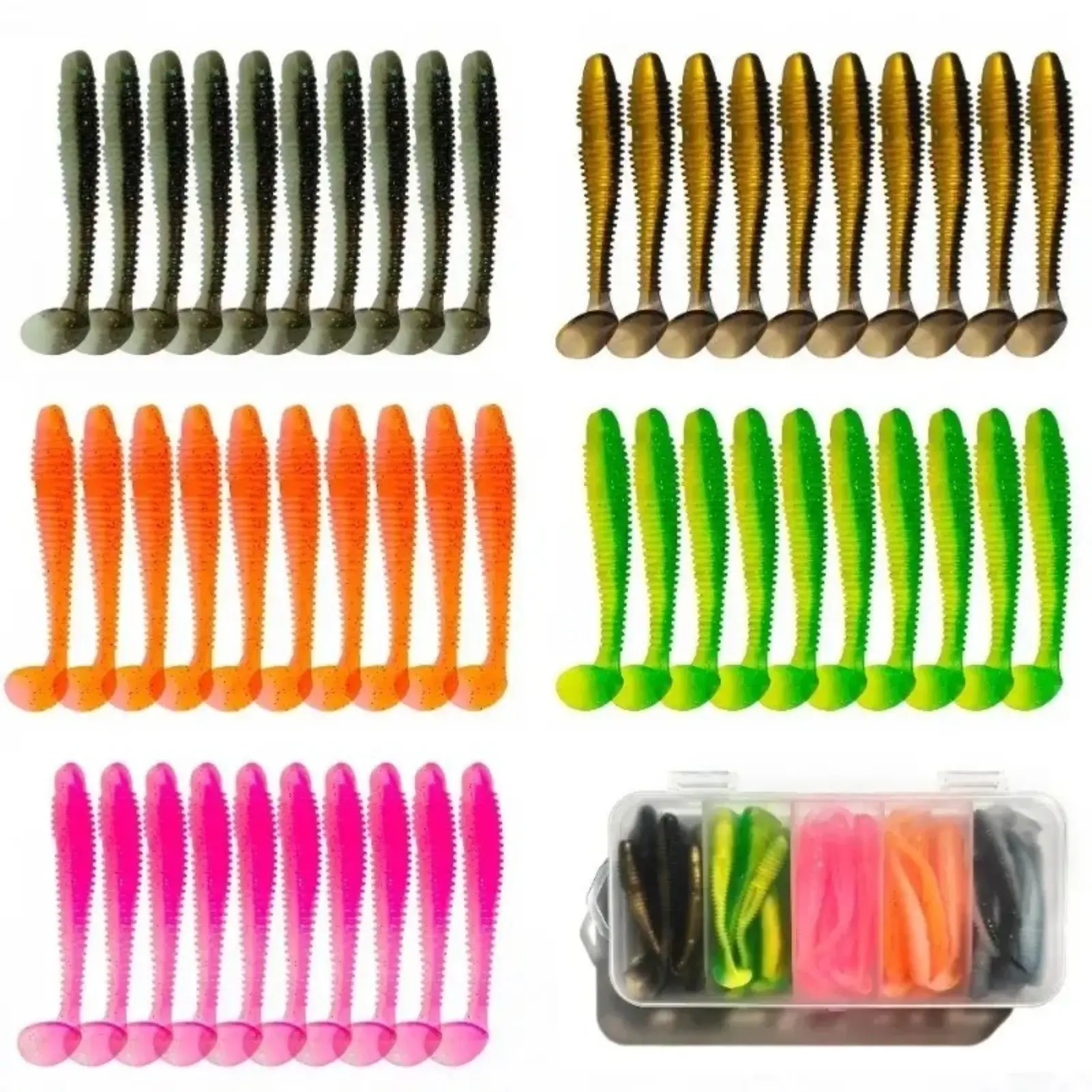 50 Pack Threaded Soft Swimbaits, Durable PVC Paddle & T-Tail Artificial Bait Kit for Saltwater and Freshwater Fishing, 3 Sizes - 6.5cm, Lures, 5.5Cm, Enhances Swimming Action
