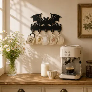 Wooden Bat-Shaped Wall Key Holder & Coat Hook — Vintage-Style Storage Rack, Halloween Animal-Themed Key Organizer (11 x 7 Inches) ,Wall Art Decor, Black Key Rack with 5 Metal Hooks — Ideal as a Gift, for Entryway Decor, or for Hanging Bags, Decoration