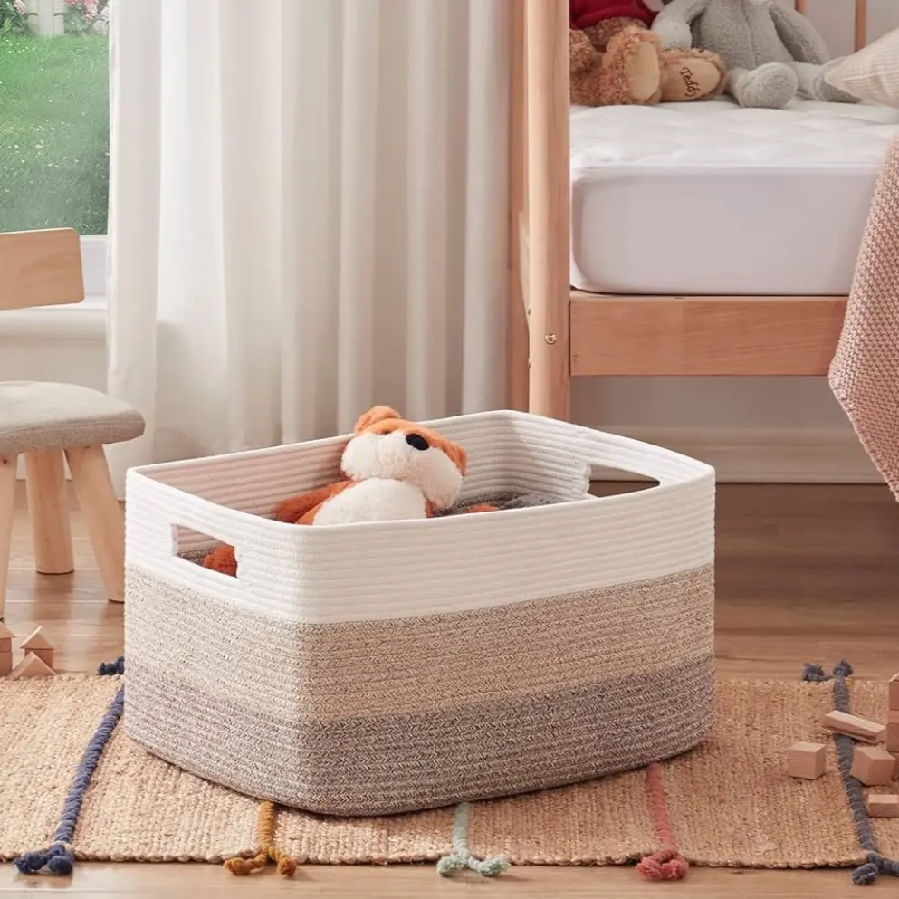 Cat's Home  Large Rectangle Blanket Basket, Woven Nursery Cotton Rope Baskets for Storage, Living Room, Toy Organizing with Handle-22"x17"x12"-