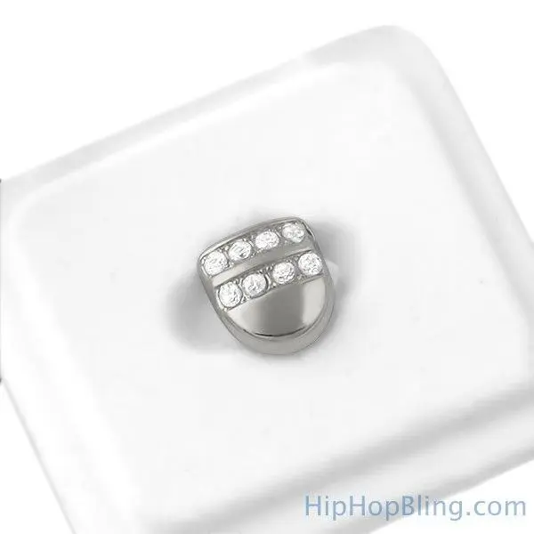 Iced Out 2-Row Single Tooth Grillz with Tooth Gems, Rhodium-Plated Brass Hip Hop Cap with CZ Diamonds, Custom-Fit Silicone Mold & Storage Box