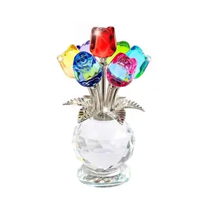 Crystal Colorful Rose Flower Figurine with Vase – Glass Romantic Gift for Wife, Mom & Women (Collectible Home Decor)