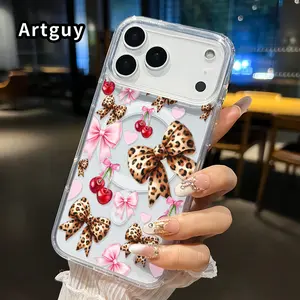 Magnetic Phone Case Supports Wireless Charging for iPhone 17 Pro Max 16 Plus 15 14 13 12 11 Air XR E Bow Cherry Fantasy Pattern Non-Yellowing Shockproof Soft Silicone Transparent Acrylic Large Hole Cover