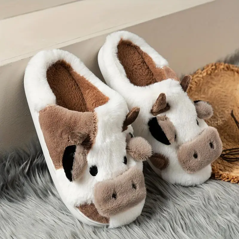 Fuzzy Cow Slippers for Women & Men, Cute Soft Plush Animal Slides with Breathable Memory Foam, Stylish Non-Slip Sole for Indoor Lounging