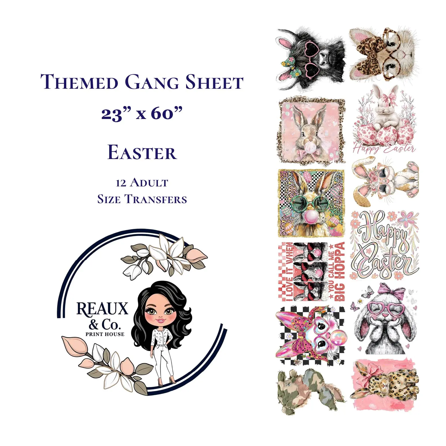 Easter Themed Gang Sheet 23"x60" with 12 Adult Size Transfers High-Quality Film Powder & Ink Ready to Press Vibrant Full-Color Prints