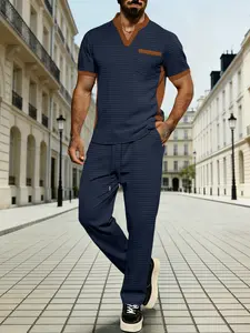 Men's Business Casual Colorblock Waffle V-Neck Short Sleeve Long Pants Set, Stylish and Comfortable Summer, Perfect for Office and Daily Wear