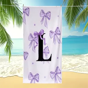 Bold 'L' Watercolor Beach Towel, Digital Print with Floating Purple Ribbons,Perfect for Poolside Relaxation and Summer Getaways, Great Gift for Beach Lovers! Also be Used Pool Towel，Camping Towel or Bath Towel Blanket