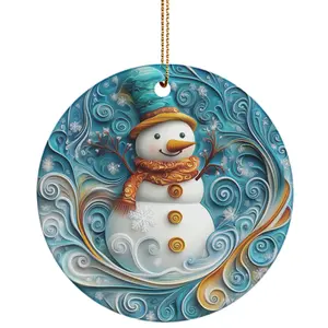 Fancy Elegant Snowman Ornament Blue Snowman Swirls 3D Effect, Round Ceramic, Whimsical Tree Ornament