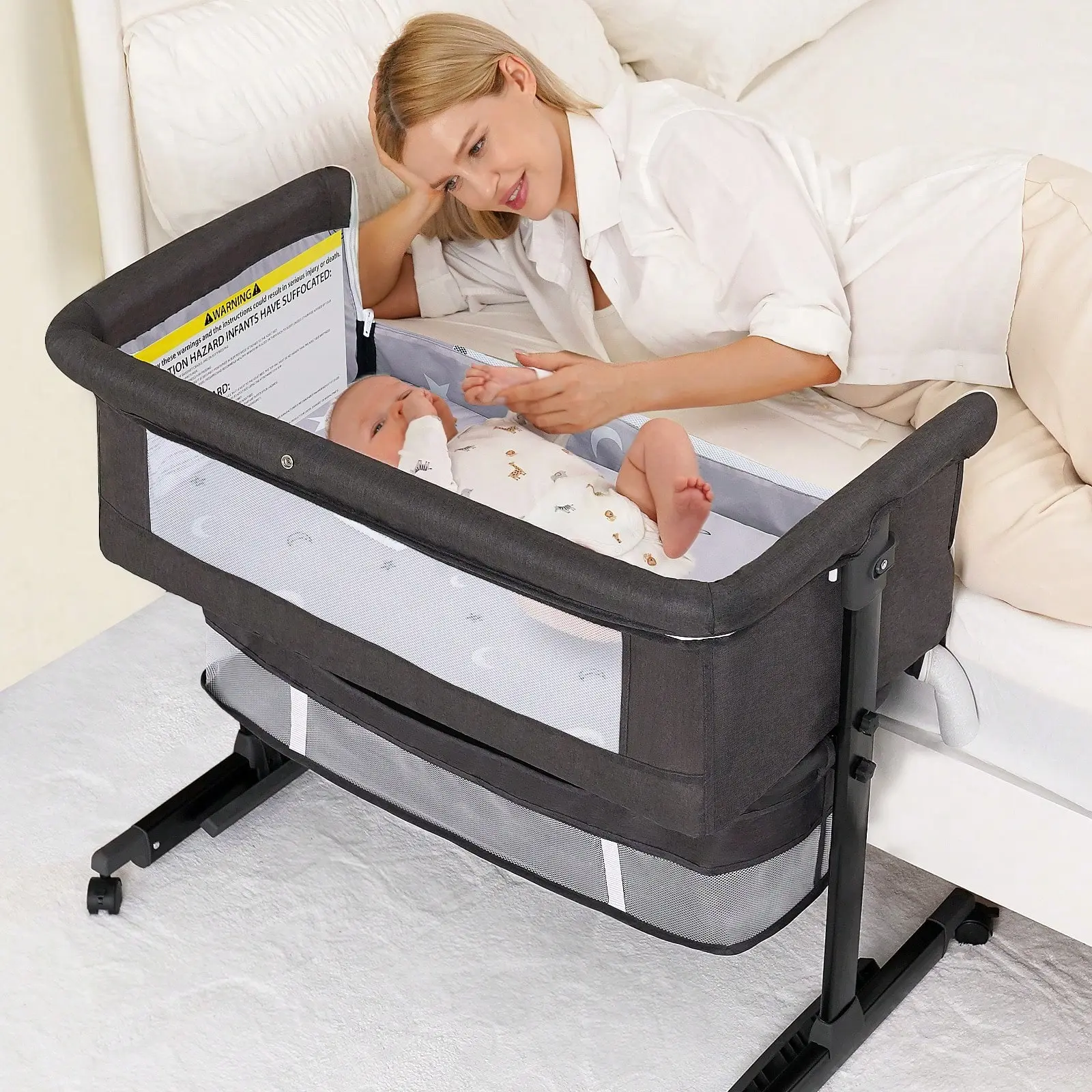 Baby Bassinet, Crib for Infant and Newborn, Bedside Sleeper with Storage Basket and Mosquito Net, Easy to Fold, Height Adjustable, Portable Side Bed Crib portable Baby Furniture